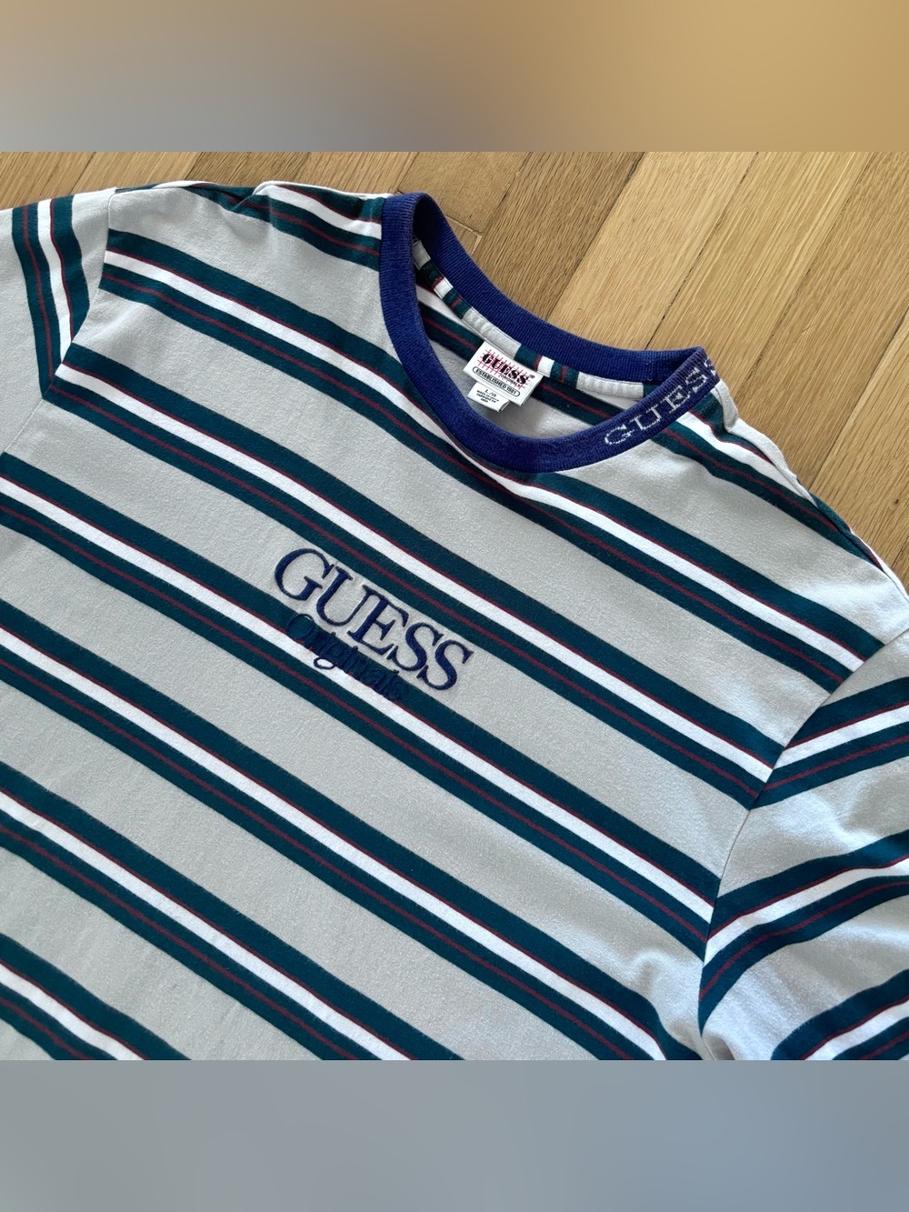 Vintage 90s Guess Originals Shirt Mens Large Embroidered Collar Cream Green